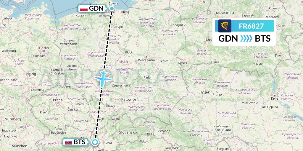 FR6827 Ryanair Flight Map: Gdansk to Bratislava