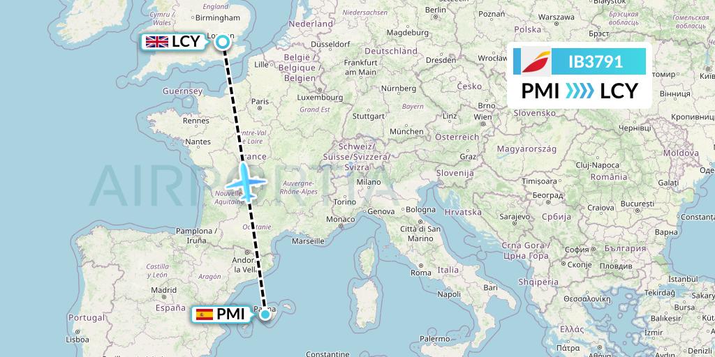 IB3791 Iberia Flight Map: Palma de Mallorca to London