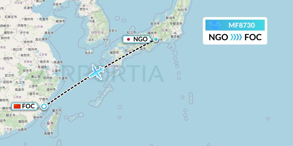 MF8730 Xiamen Airlines Flight Map: Nagoya to Fuzhou