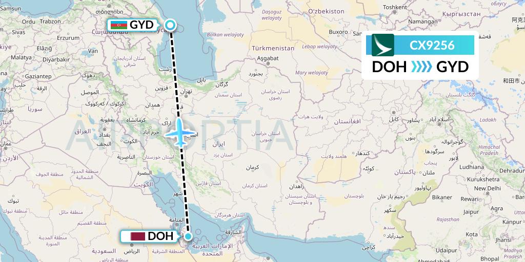 CX9256 Cathay Pacific Flight Map: Doha to Baku