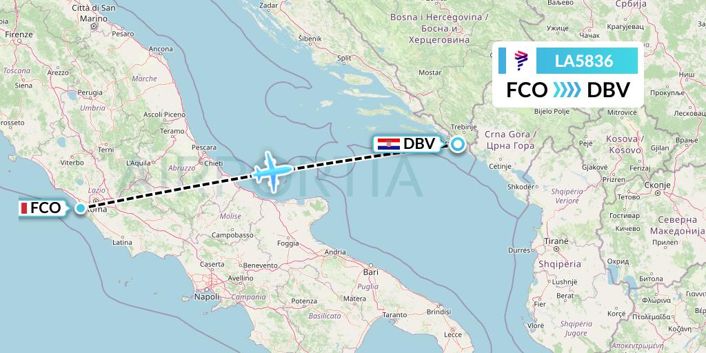 LA5836 LAN Airlines Flight Map: Rome to Dubrovnik