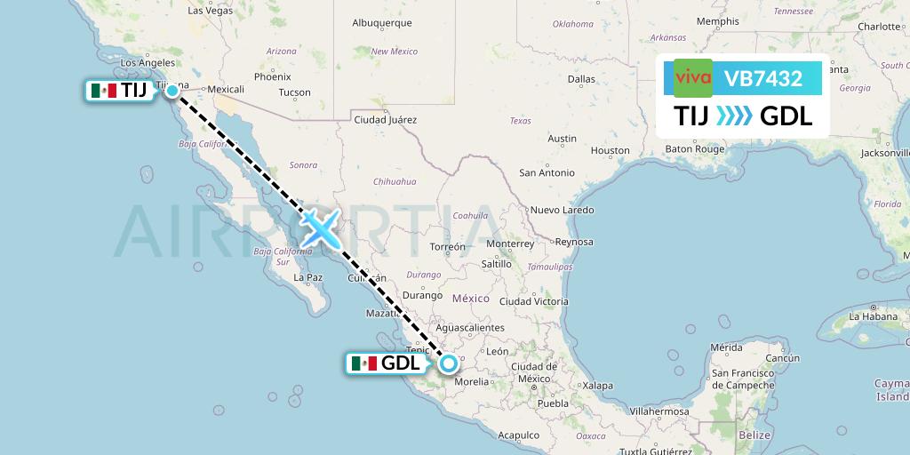 VB7432 VivaAerobus Flight Map: Tijuana to Guadalajara
