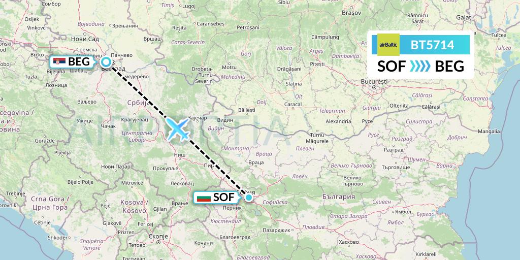 BT5714 Air Baltic Flight Map: Sofia to Belgrade
