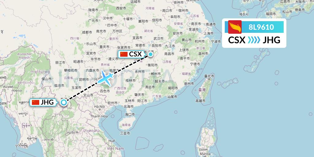 8L9610 Lucky Air Flight Map: Changsha to Jinghong