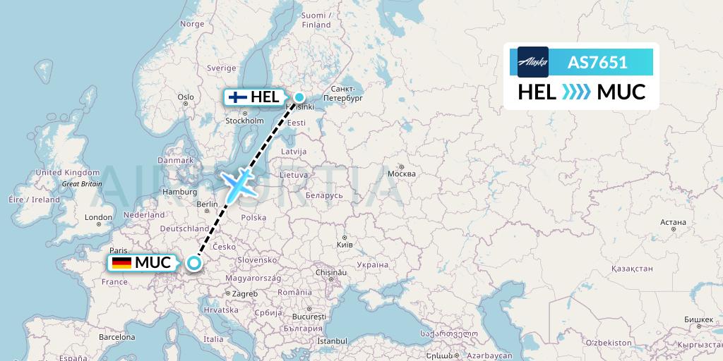 AS7651 Alaska Airlines Flight Map: Helsinki to Munich
