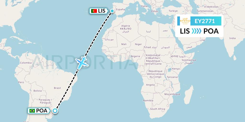 EY2771 Etihad Airways Flight Map: Lisbon to Porto Alegre