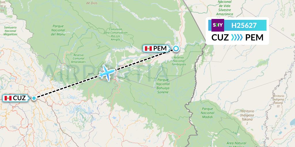 H25627 Sky Airline Flight Map: Cusco to Puerto Maldonado