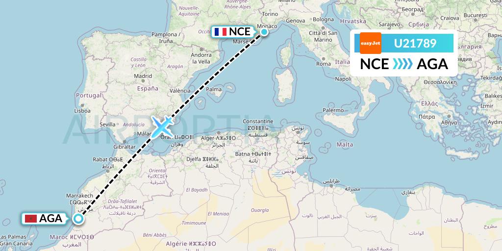 U21789 EasyJet Flight Map: Nice to Agadir