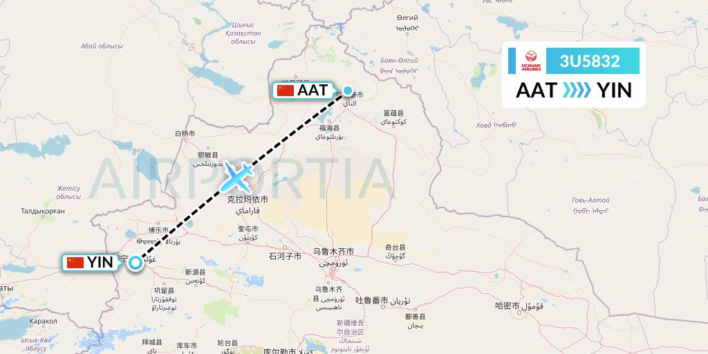 3U5832 Sichuan Airlines Flight Map: Altay to Yining