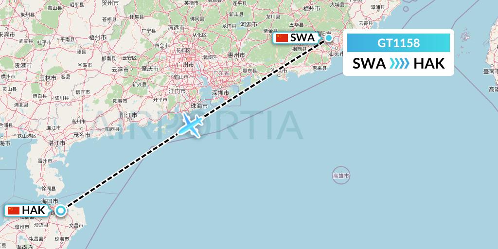 GT1158 Air Guilin Flight Map: Jieyang to Haikou