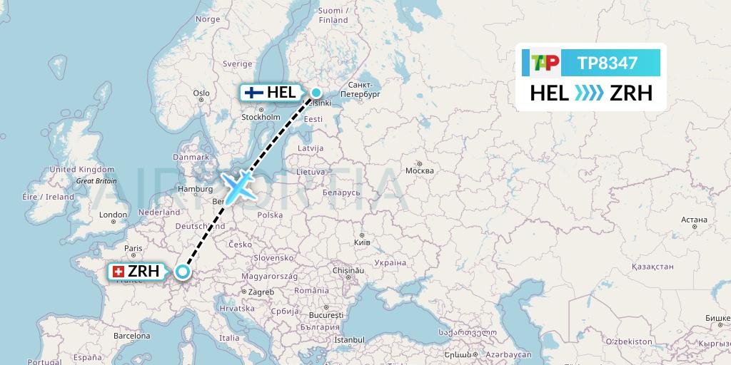 TP8347 TAP Portugal Flight Map: Helsinki to Zurich