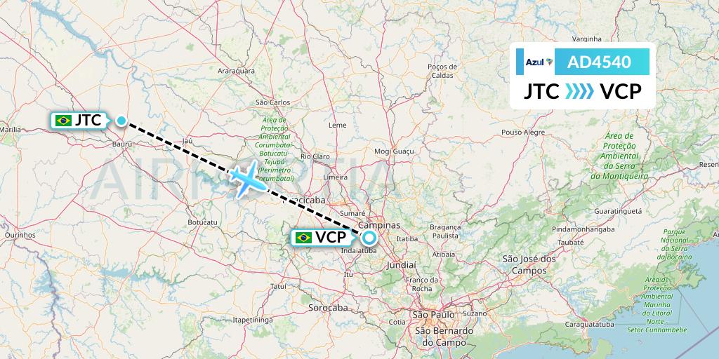 AD4540 Azul Brazilian Airlines Flight Map: Bauru to Campinas