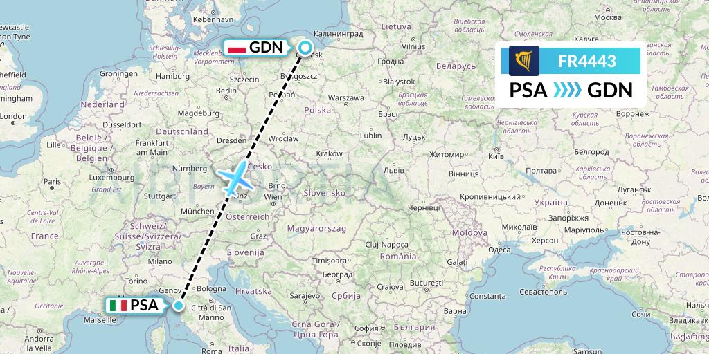 FR4443 Ryanair Flight Map: Pisa to Gdansk