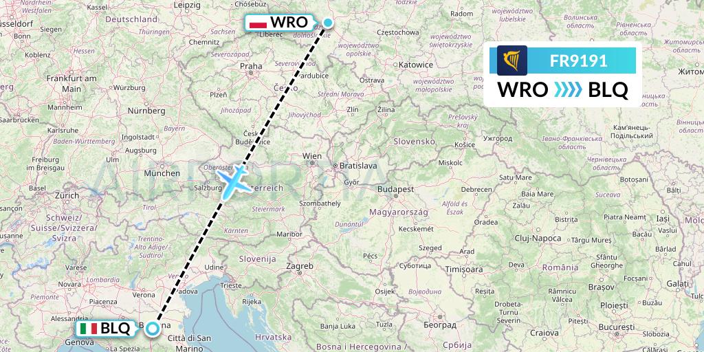 FR9191 Ryanair Flight Map: Wroclaw to Bologna