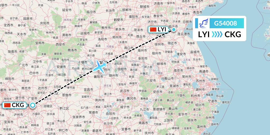 G54008 China Express Airlines Flight Map: Linyi to Chongqing