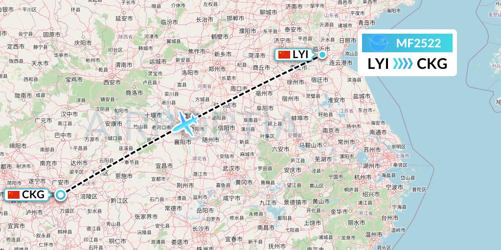 MF2522 Xiamen Airlines Flight Map: Linyi to Chongqing