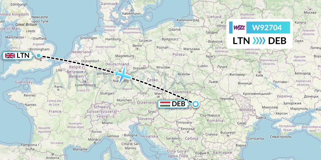 W92704 Wizz Air UK Flight Map: London to Debrecen