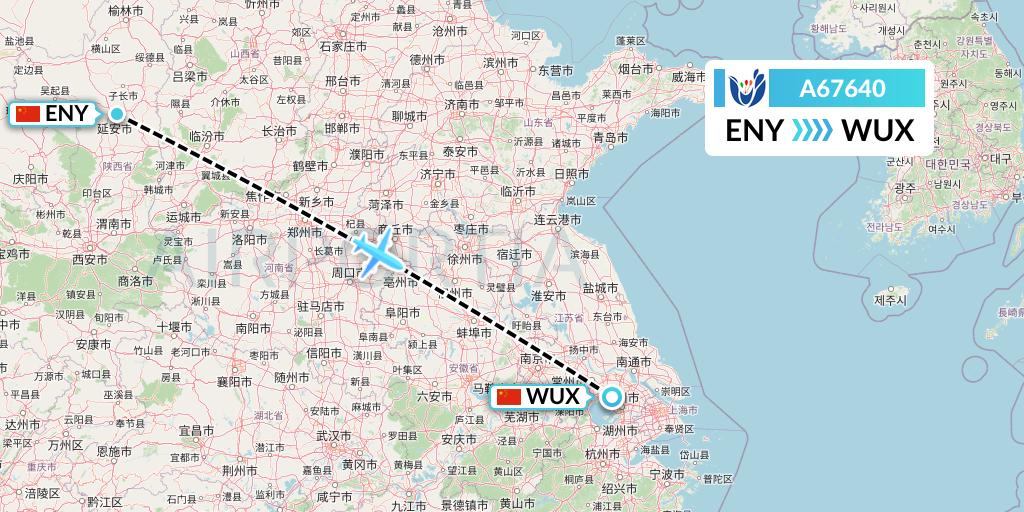 A67640 Hongtu Airlines Flight Map: Yan'an to Wuxi
