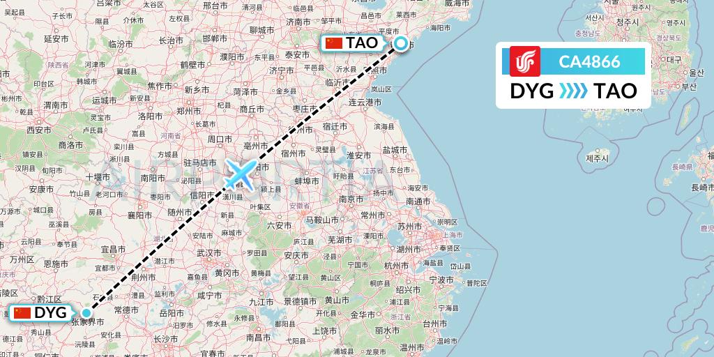 CA4866 Air China Flight Map: Dayong to Qingdao