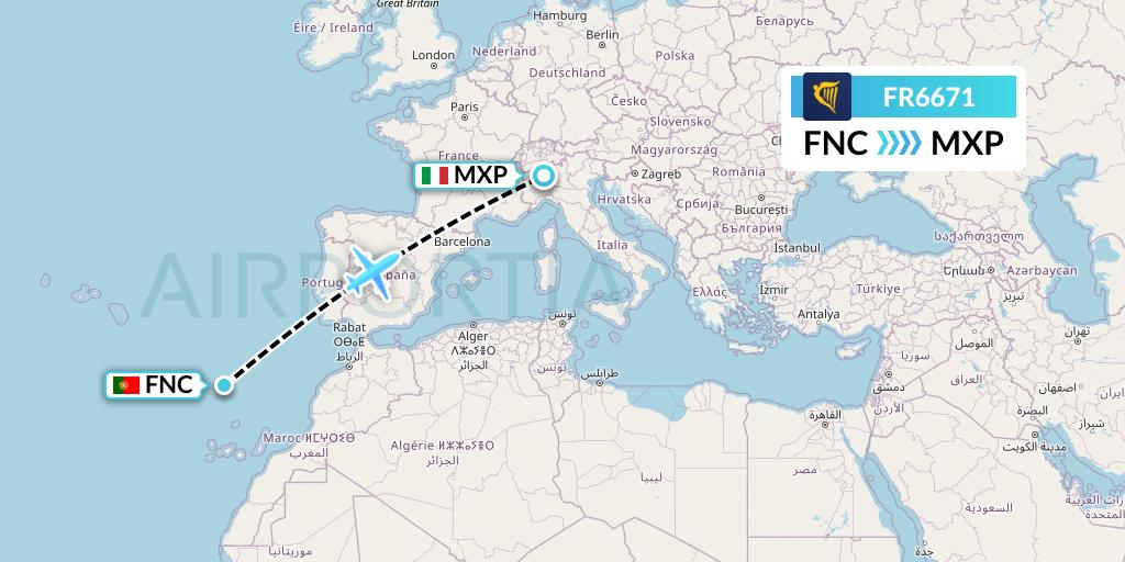 FR6671 Ryanair Flight Map: Funchal to Milan