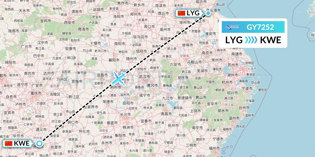 GY7252 Colorful GuiZhou Airlines Flight Map: Lianyungang to Guiyang