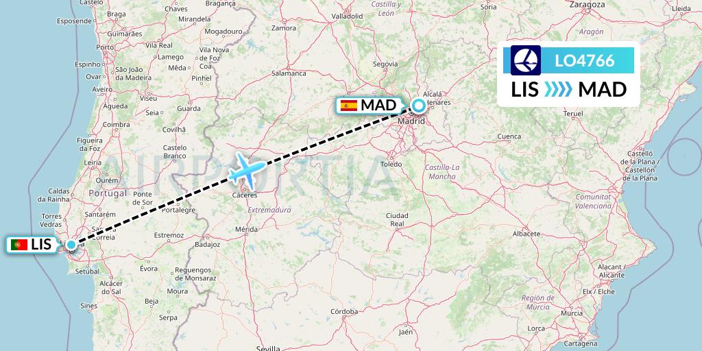 LO4766 LOT Flight Map: Lisbon to Madrid