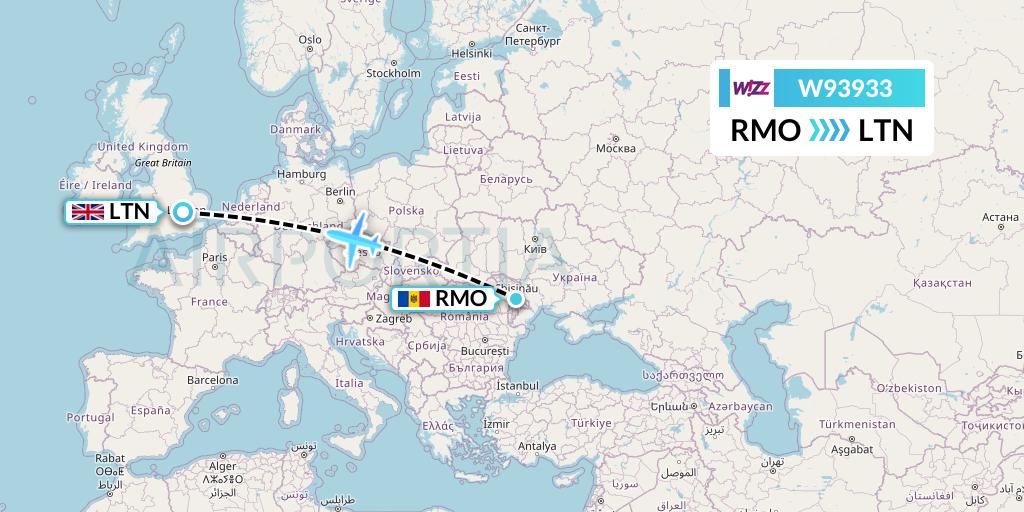 W93933 Wizz Air UK Flight Map: Chisinau to London