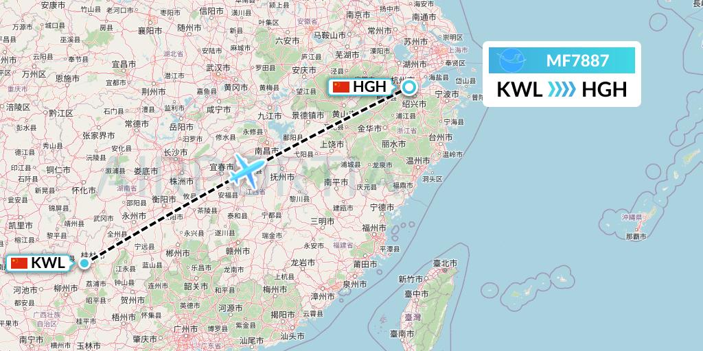 MF7887 Xiamen Airlines Flight Map: Guilin to Hangzhou