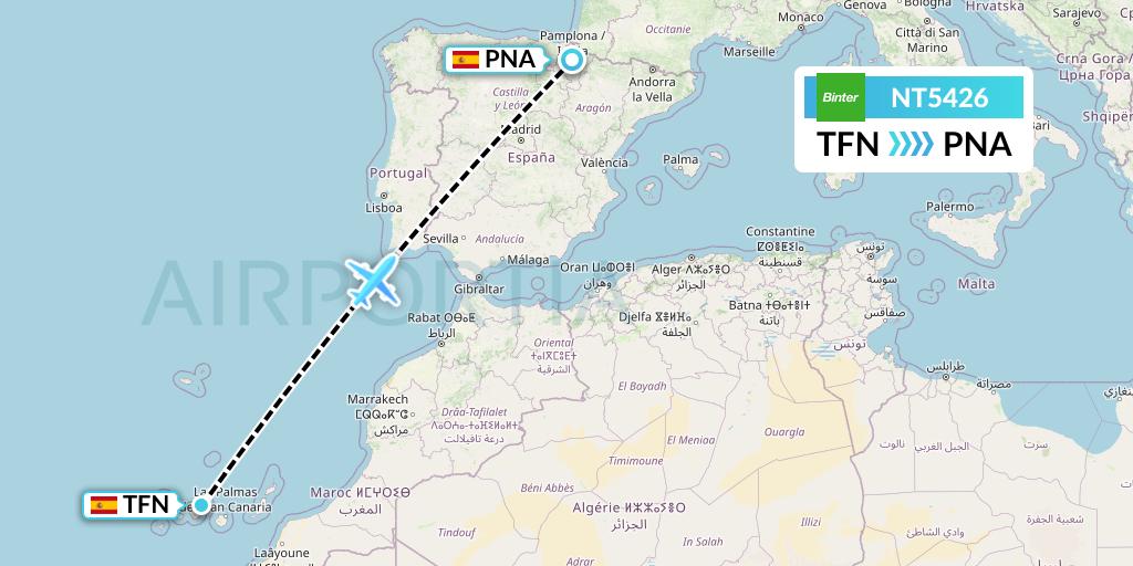 NT5426 Binter Canarias Flight Map: Tenerife to Pamplona