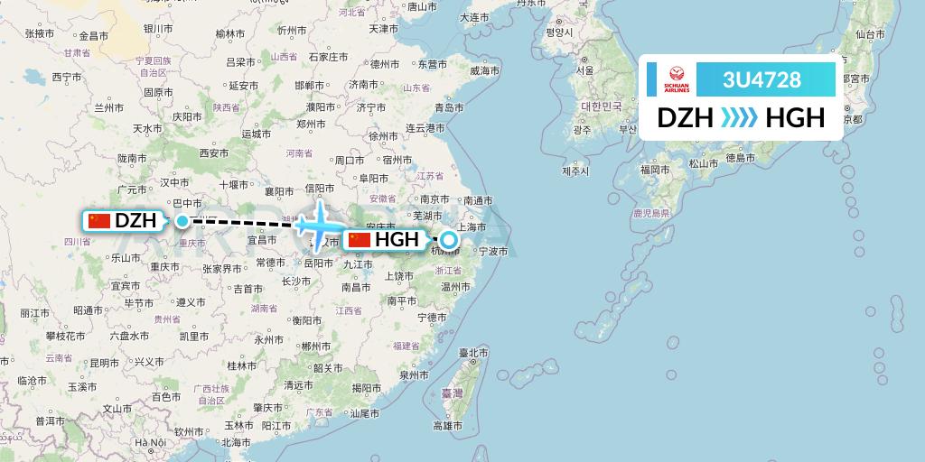 3U4728 Sichuan Airlines Flight Map: Dazhou to Hangzhou