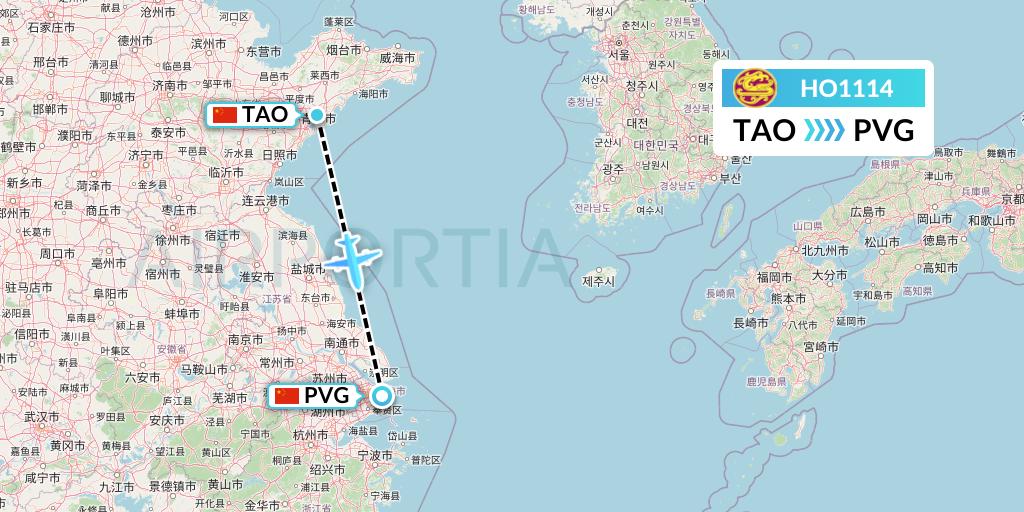 HO1114 Juneyao Airlines Flight Map: Qingdao to Shanghai