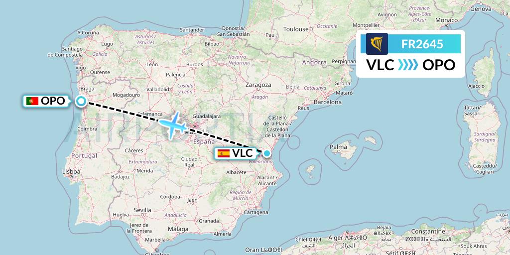 FR2645 Ryanair Flight Map: Valencia to Porto