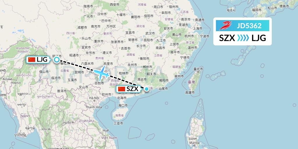 JD5362 Capital Airlines Flight Map: Shenzhen to Lijiang