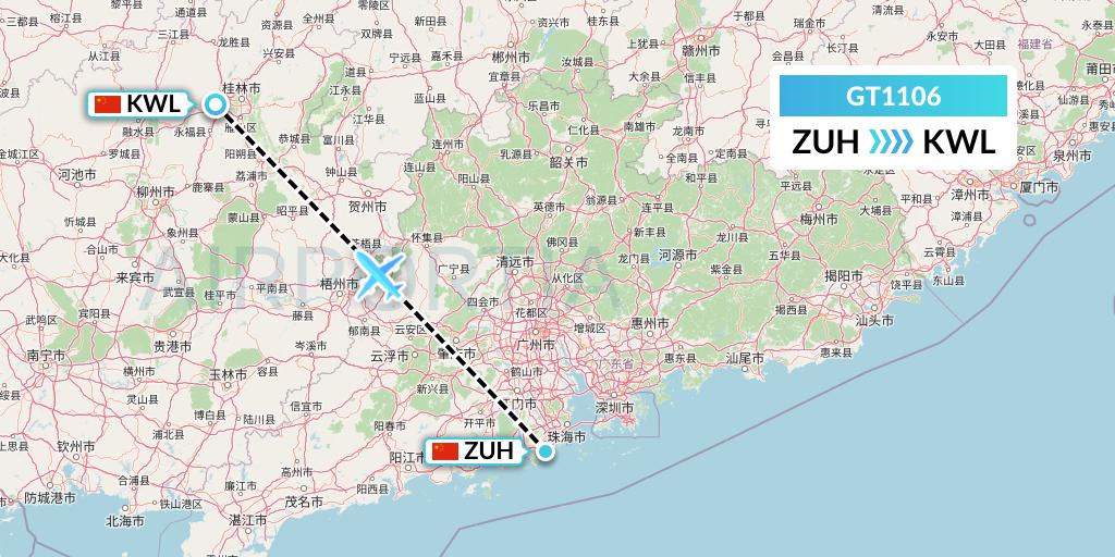 GT1106 Air Guilin Flight Map: Zhuhai to Guilin
