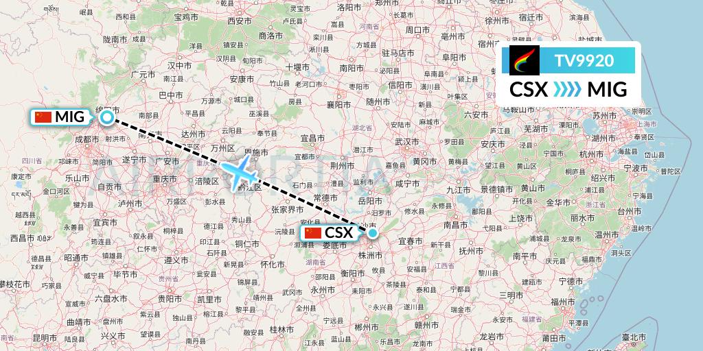 TV9920 Tibet Airlines Flight Map: Changsha to Mianyang