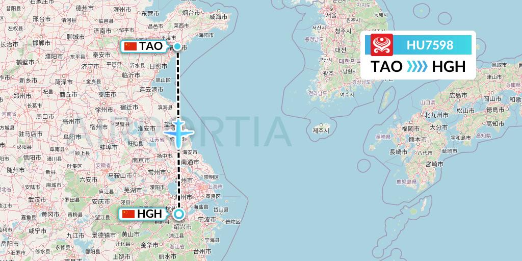 HU7598 Hainan Airlines Flight Map: Qingdao to Hangzhou