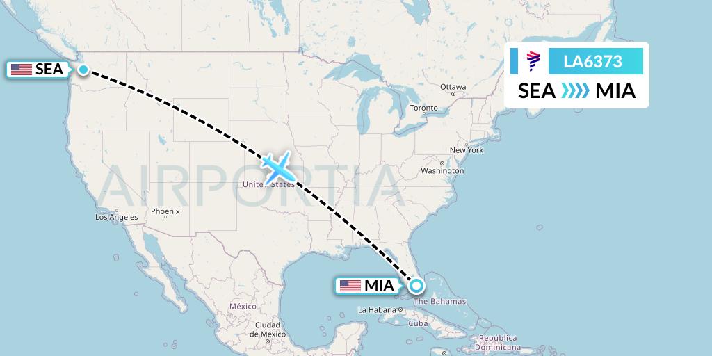 LA6373 LAN Airlines Flight Map: Seattle to Miami