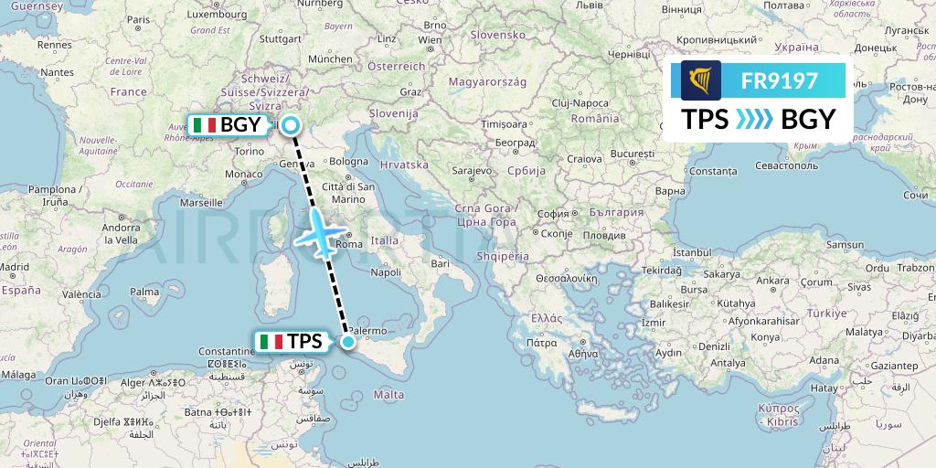 FR9197 Ryanair Flight Map: Trapani to Milan