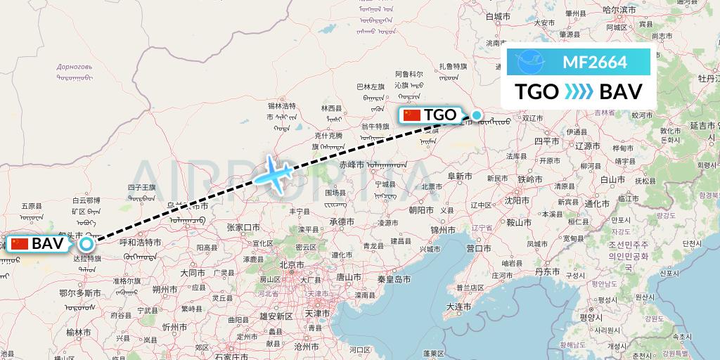 MF2664 Xiamen Airlines Flight Map: Tongliao to Baotou