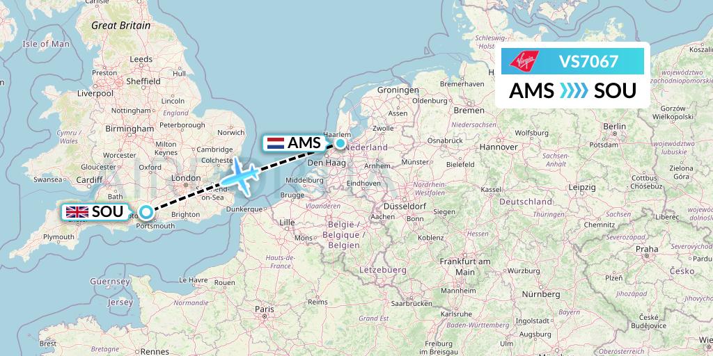 VS7067 Virgin Atlantic Airways Flight Map: Amsterdam to Southampton