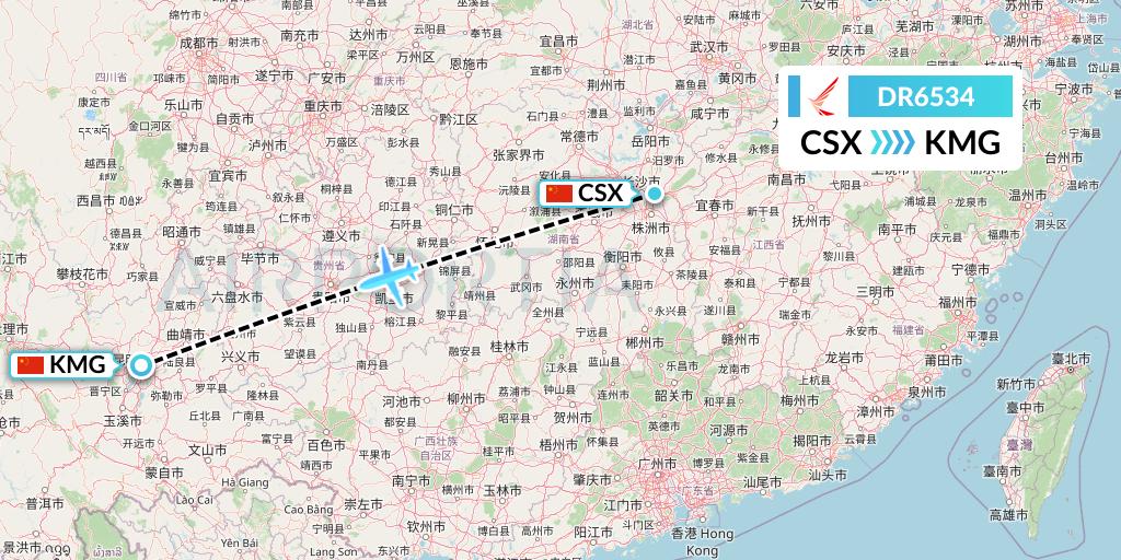 DR6534 Ruili Airlines Flight Map: Changsha to Kunming