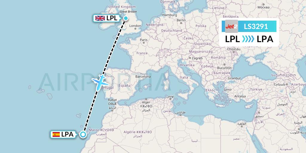 LS3291 Jet2 Flight Map: Liverpool to Las Palmas