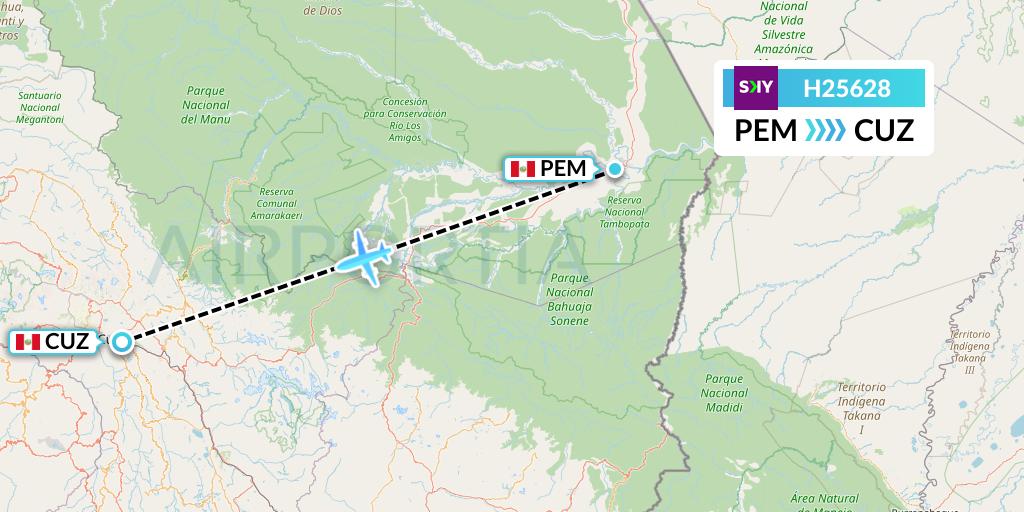 H25628 Sky Airline Flight Map: Puerto Maldonado to Cusco