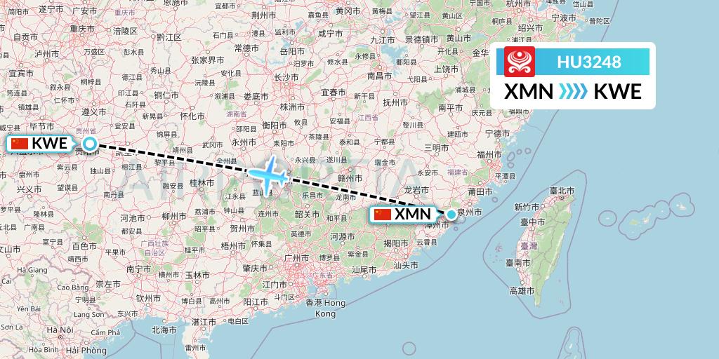 HU3248 Hainan Airlines Flight Map: Xiamen to Guiyang