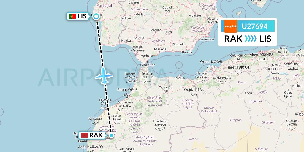 U27694 EasyJet Flight Map: Marrakesh to Lisbon