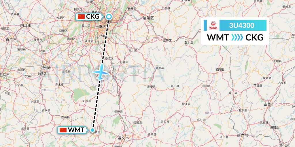 3U4300 Sichuan Airlines Flight Map: Zunyi to Chongqing