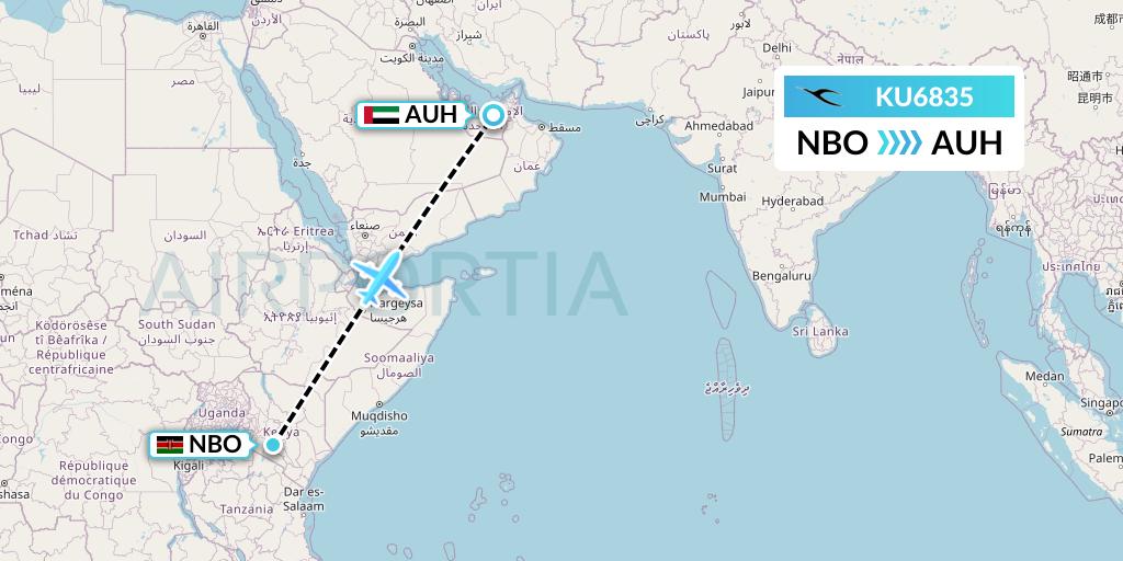 KU6835 Kuwait Airways Flight Map: Nairobi to Abu Dhabi