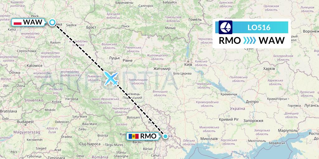 LO516 LOT Flight Map: Chisinau to Warsaw