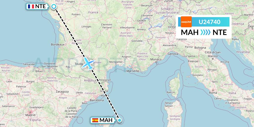U24740 EasyJet Flight Map: Mahon to Nantes