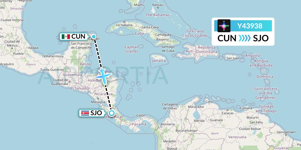 Y43938 Volaris Flight Map: Cancun to San Jose